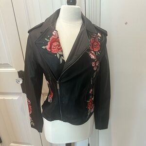 Nanette Lepore Black Faux Leather Moto Jacket with Red & Pink Floral Embroidery